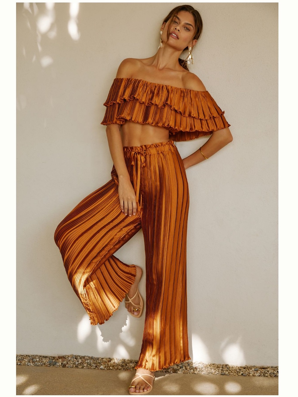 By Anthropologie High-Waisted Plissé Wide-Leg Pants + Ruffled Crop Top Set